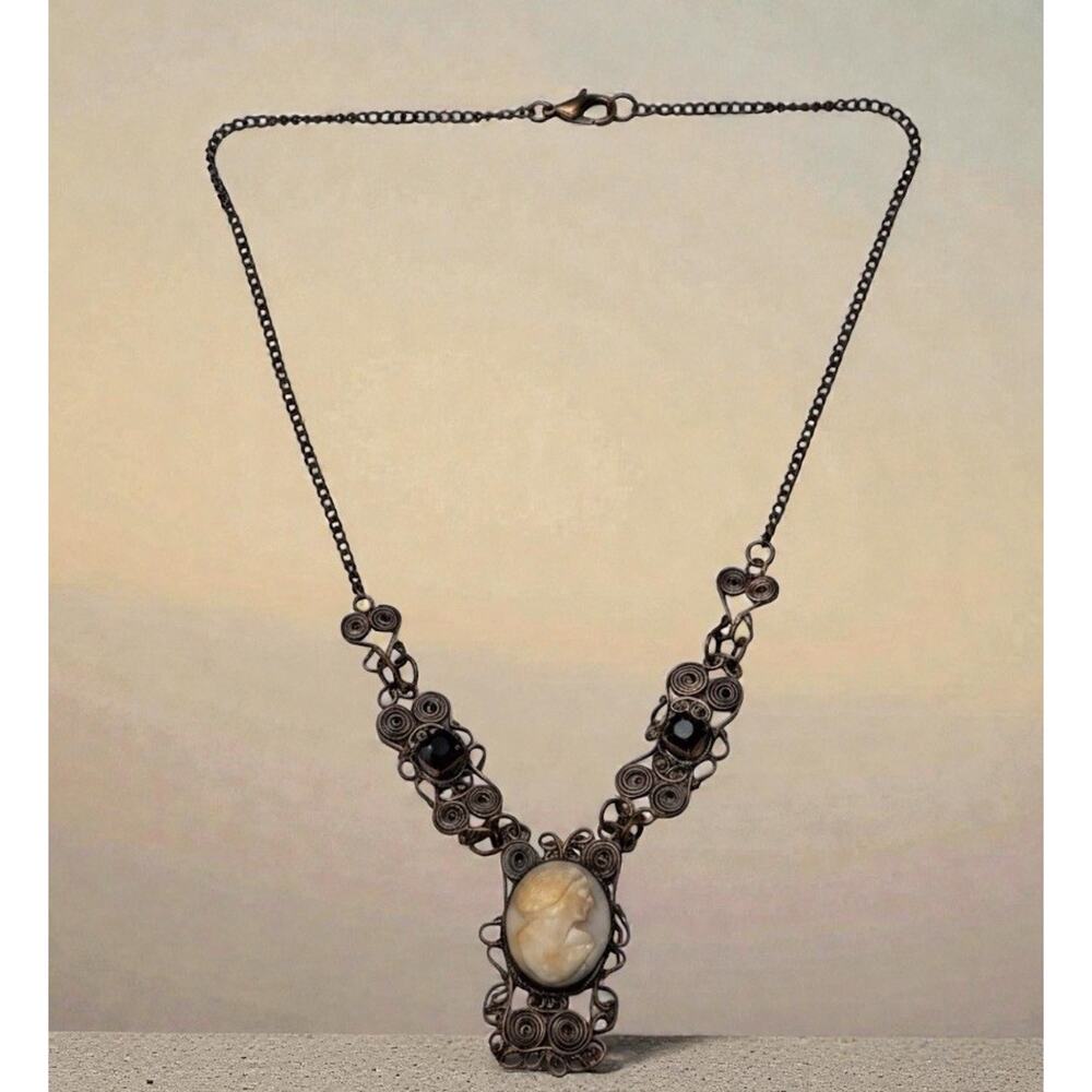 Antique Silver Filigree Shell Cameo Necklace & Bracelet Set Purple Glass Stones